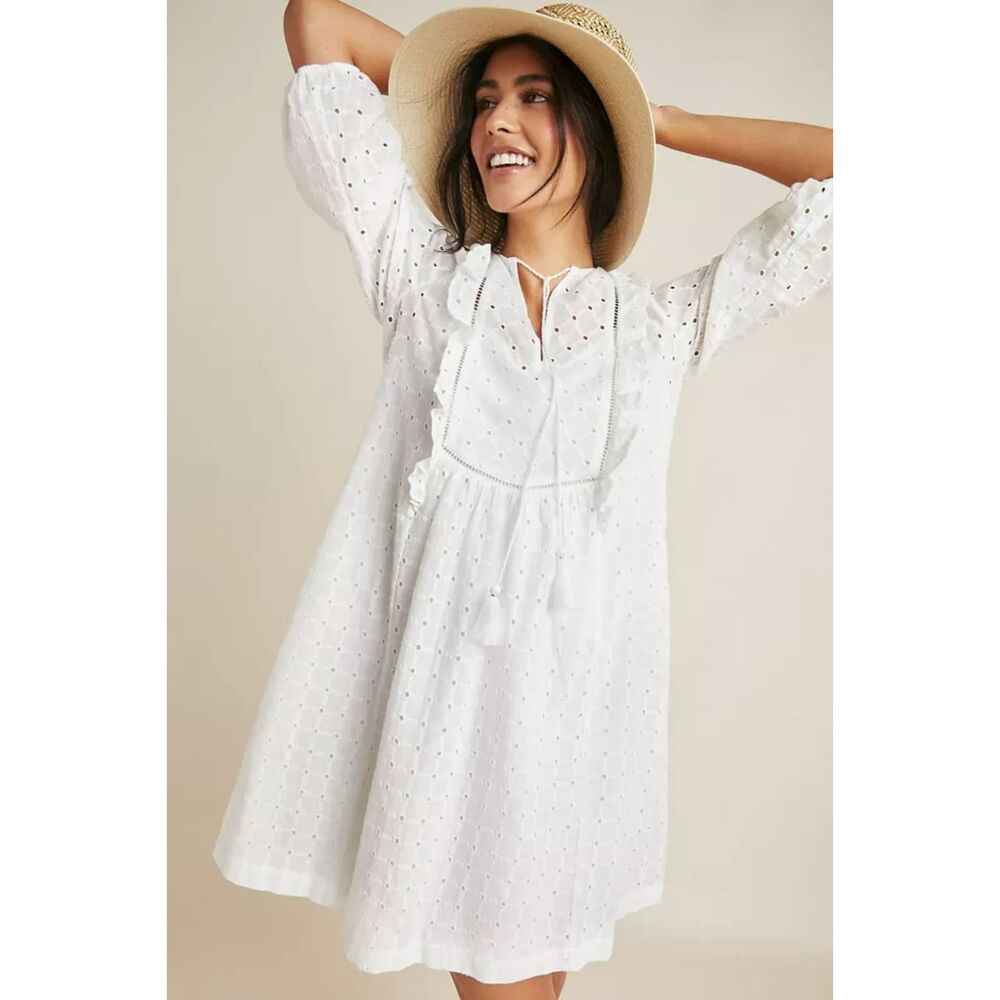 Anthropologie Dress Women's 0 XS White Thames Eyelet Bridal Ruffles Cottagecore